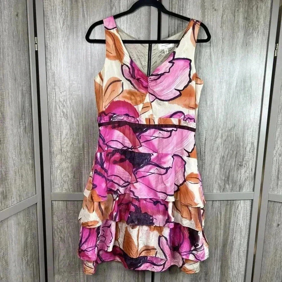 Anthropologie Moulinette Soeurs Dress 10 Silk Ruffle Tiered Pink Floral Print - Picture 1 of 10